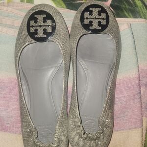 Tory Burch Leather Minnie Travel Ballet Flat Pewter Silver Metallic